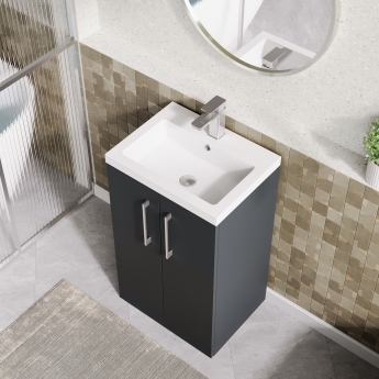 Nuie Arno Compact Floor Standing 2-Door Vanity Unit with Polymarble Basin 500mm Wide - Satin Anthracite | Product Image