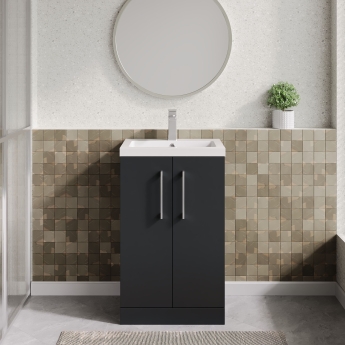 Nuie Arno Compact Floor Standing 2-Door Vanity Unit with Polymarble Basin 500mm Wide - Satin Anthracite | Product Image