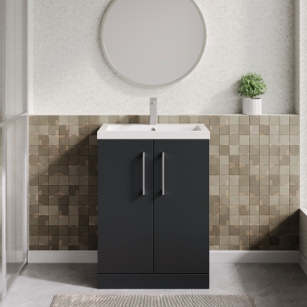 Nuie Arno Compact Floor Standing 2-Door Vanity Unit with Polymarble Basin 600mm Wide - Satin Anthracite | Product Image