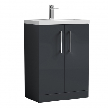 Nuie Arno Compact Floor Standing 2-Door Vanity Unit with Ceramic Basin 600mm Wide - Satin Anthracite