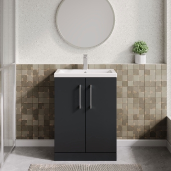 Nuie Arno Compact Floor Standing 2-Door Vanity Unit with Ceramic Basin 600mm Wide - Satin Anthracite | Product Image