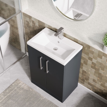 Nuie Arno Compact Floor Standing 2-Door Vanity Unit with Ceramic Basin 600mm Wide - Satin Anthracite | Product Image