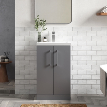 Nuie Arno Compact Floor Standing 2-Door Vanity Unit with Polymarble Basin 500mm Wide - Satin Grey | Product Image