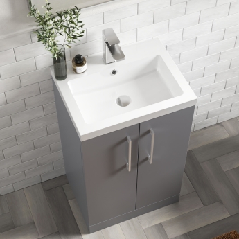 Nuie Arno Compact Floor Standing 2-Door Vanity Unit with Polymarble Basin 500mm Wide - Satin Grey | Product Image