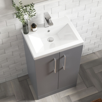 Nuie Arno Compact Floor Standing 2-Door Vanity Unit with Ceramic Basin 500mm Wide - Satin Grey | Product Image