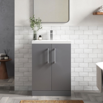 Nuie Arno Compact Floor Standing 2-Door Vanity Unit with Polymarble Basin 600mm Wide - Satin Grey | Product Image