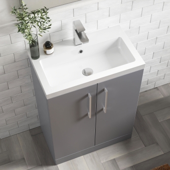 Nuie Arno Compact Floor Standing 2-Door Vanity Unit with Polymarble Basin 600mm Wide - Satin Grey | Product Image