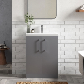 Nuie Arno Compact Floor Standing 2-Door Vanity Unit with Ceramic Basin 600mm Wide - Satin Grey | Product Image