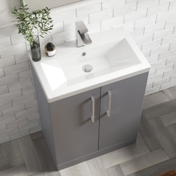 Nuie Arno Compact Floor Standing 2-Door Vanity Unit with Ceramic Basin 600mm Wide - Satin Grey | Product Image