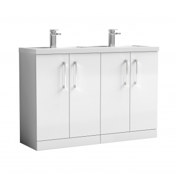 Nuie Arno Floor Standing 4-Door Vanity Unit with Double Polymarble Basin 1200mm Wide - Gloss White | Product Image