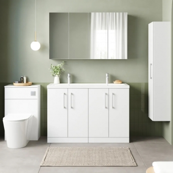 Nuie Arno Floor Standing 4-Door Vanity Unit with Double Ceramic Basin 1200mm Wide - Gloss White