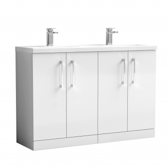 Nuie Arno Floor Standing 4-Door Vanity Unit with Double Ceramic Basin 1200mm Wide - Gloss White