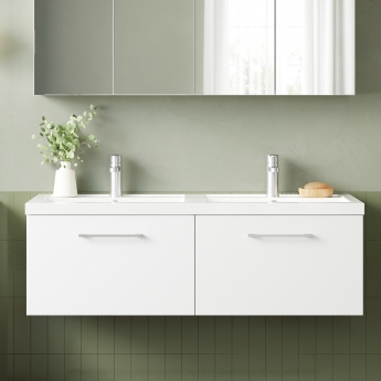 Nuie Arno Wall Hung 2-Drawer Vanity Unit with Double Polymarble Basin 1200mm Wide - Gloss White