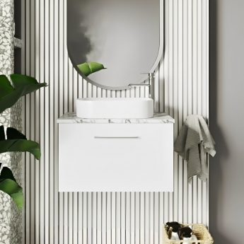 Nuie Arno Wall Hung 1-Drawer Vanity Unit with Carrera Marble Worktop 600mm Wide - Gloss White | Product Image