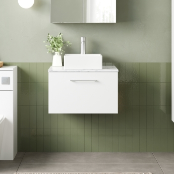Nuie Arno Wall Hung 1-Drawer Vanity Unit with Carrera Marble Worktop 600mm Wide - Gloss White | Product Image