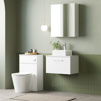 Nuie Arno Wall Hung 1-Drawer Vanity Unit with Carrera Marble Worktop 600mm Wide - Gloss White | Product Image