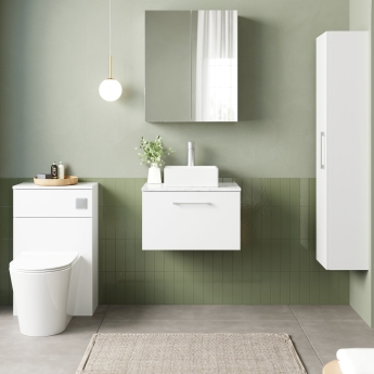 Nuie Arno Wall Hung 1-Drawer Vanity Unit with Carrera Marble Worktop 600mm Wide - Gloss White | Product Image