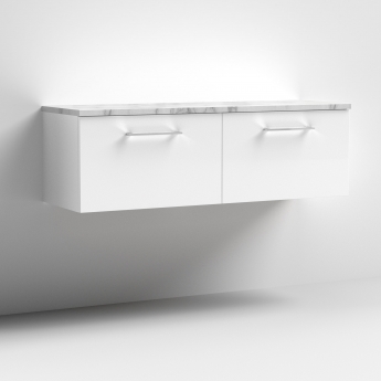 Nuie Arno Wall Hung 2-Drawer Vanity Unit with Carrera Marble Worktop 1200mm Wide - Gloss White | Product Image