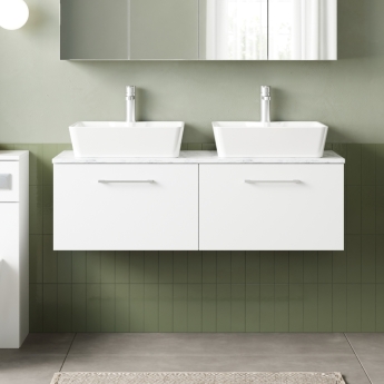 Nuie Arno Wall Hung 2-Drawer Vanity Unit with Carrera Marble Worktop 1200mm Wide - Gloss White | Product Image