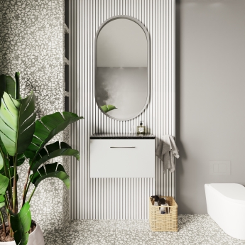 Nuie Arno Wall Hung 1-Drawer Vanity Unit with Sparkling Black Worktop 600mm Wide - Gloss White