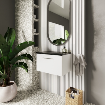 Nuie Arno Wall Hung 1-Drawer Vanity Unit with Sparkling Black Worktop 600mm Wide - Gloss White