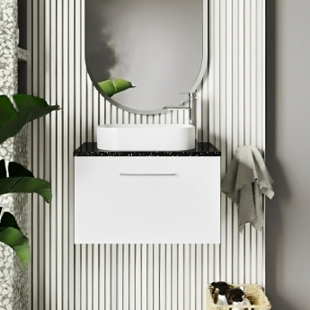Nuie Arno Wall Hung 1-Drawer Vanity Unit with Sparkling Black Worktop 600mm Wide - Gloss White