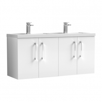 Nuie Arno Wall Hung 4-Door Vanity Unit with Double Polymarble Basin 1200mm Wide - Gloss White
