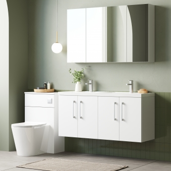 Nuie Arno Wall Hung 4-Door Vanity Unit with Double Polymarble Basin 1200mm Wide - Gloss White