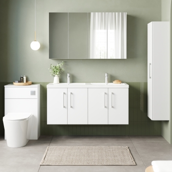 Nuie Arno Wall Hung 4-Door Vanity Unit with Double Polymarble Basin 1200mm Wide - Gloss White