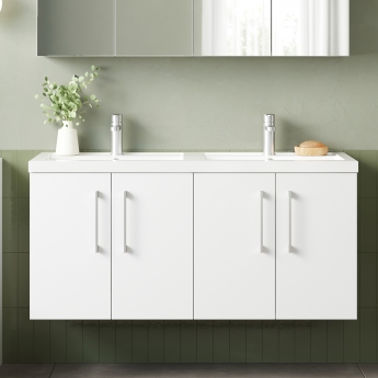 Nuie Arno Wall Hung 4-Door Vanity Unit with Double Polymarble Basin 1200mm Wide - Gloss White