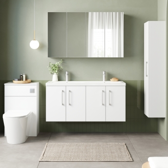 Nuie Arno Wall Hung 4-Door Vanity Unit with Double Ceramic Basin 1200mm Wide - Gloss White