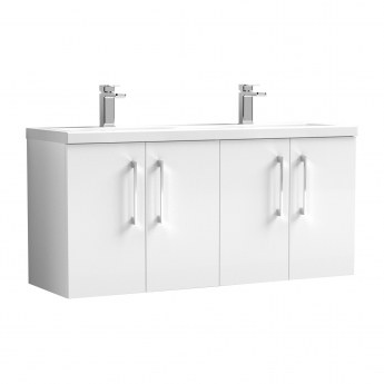 Nuie Arno Wall Hung 4-Door Vanity Unit with Double Ceramic Basin 1200mm Wide - Gloss White