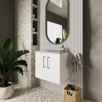 Nuie Arno Wall Hung 2-Door Vanity Unit with Bellato Grey Worktop 600mm Wide - Gloss White