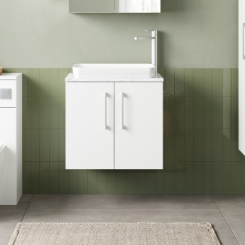 Nuie Arno Wall Hung 2-Door Vanity Unit with Carrera Marble Worktop 600mm Wide - Gloss White | Product Image