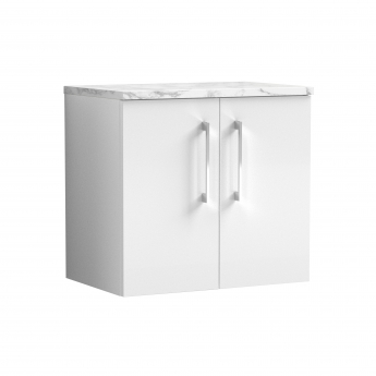 Nuie Arno Wall Hung 2-Door Vanity Unit with Carrera Marble Worktop 600mm Wide - Gloss White | Product Image
