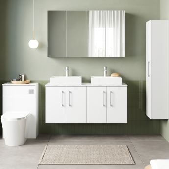 Nuie Arno Wall Hung 4-Door Vanity Unit with Carrera Marble Worktop 1200mm Wide - Gloss White | Product Image