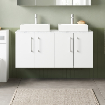 Nuie Arno Wall Hung 4-Door Vanity Unit with Carrera Marble Worktop 1200mm Wide - Gloss White | Product Image