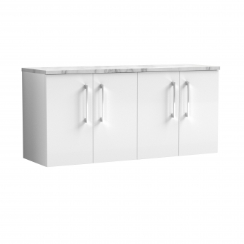 Nuie Arno Wall Hung 4-Door Vanity Unit with Carrera Marble Worktop 1200mm Wide - Gloss White | Product Image