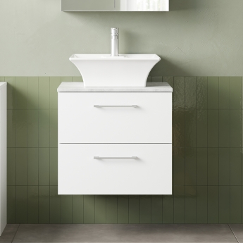 Nuie Arno Wall Hung 2-Drawer Vanity Unit with Bellato Grey Worktop 600mm Wide - Gloss White