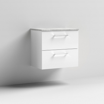 Nuie Arno Wall Hung 2-Drawer Vanity Unit with Bellato Grey Worktop 600mm Wide - Gloss White