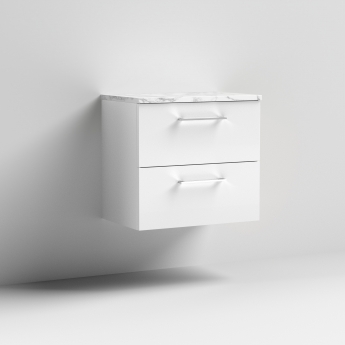 Nuie Arno Wall Hung 2-Drawer Vanity Unit with Carrera Marble Worktop 600mm Wide - Gloss White | Product Image