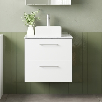 Nuie Arno Wall Hung 2-Drawer Vanity Unit with Carrera Marble Worktop 600mm Wide - Gloss White | Product Image