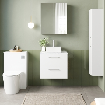Nuie Arno Wall Hung 2-Drawer Vanity Unit with Carrera Marble Worktop 600mm Wide - Gloss White | Product Image