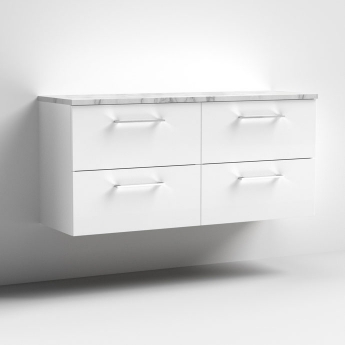 Nuie Arno Wall Hung 4-Drawer Vanity Unit with Carrera Marble Worktop 1200mm Wide - Gloss White | Product Image