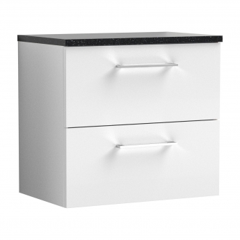 Nuie Arno Wall Hung 2-Drawer Vanity Unit with Sparkling Black Worktop 600mm Wide - Gloss White