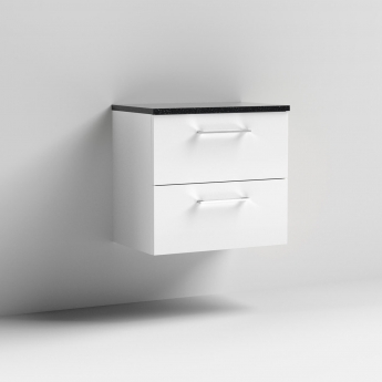 Nuie Arno Wall Hung 2-Drawer Vanity Unit with Sparkling Black Worktop 600mm Wide - Gloss White