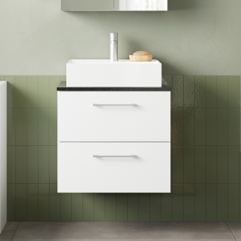 Nuie Arno Wall Hung 2-Drawer Vanity Unit with Sparkling Black Worktop 600mm Wide - Gloss White