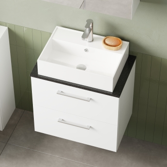 Nuie Arno Wall Hung 2-Drawer Vanity Unit with Sparkling Black Worktop 600mm Wide - Gloss White