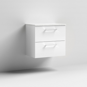 Nuie Arno Wall Hung 2-Drawer Vanity Unit with Sparkling White Worktop 600mm Wide - Gloss White