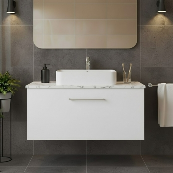 Nuie Arno Wall Hung 1-Drawer Vanity Unit with Carrera Marble Worktop 800mm Wide - Gloss White | Product Image